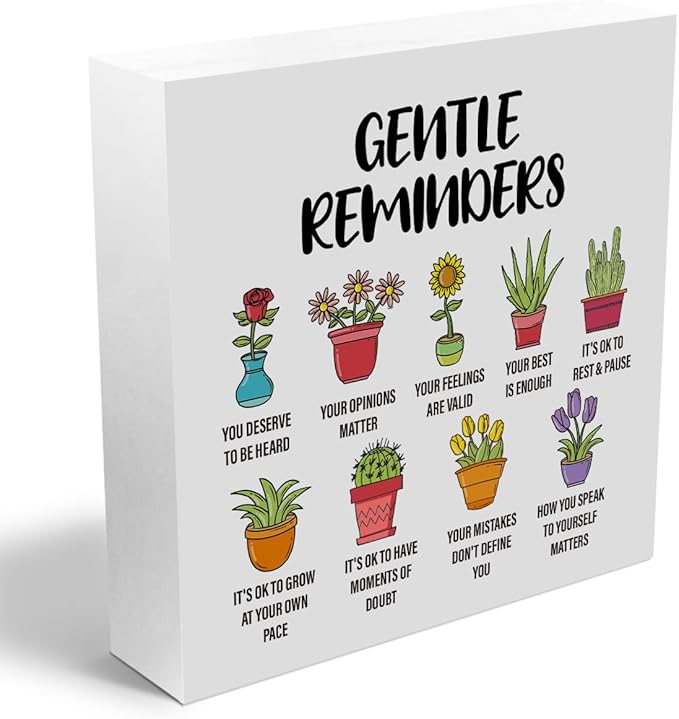 Gentle Reminders Decor Wooden Box Sign, Positive Affirmations Art Decorations, Inspirational Gifts for Women Friend Besties, Rustic Home Therapy Counselling Office Table Decor Wood Block Plaque