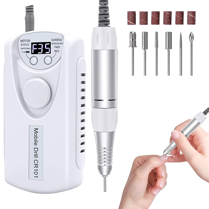 Professional Nail Drill Electric File:COYZU 35000RPM Portable Cordless Nail Drill Machine with Bits, Rechargeable E File for Acrylic & Gel Nails, Manicure & Pedicure Tech Tool for Home Salon, White