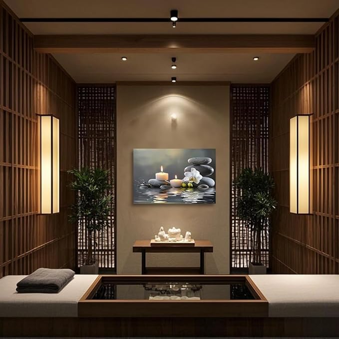 CGXLB Zen Stone Wall Art Candles & Orchid Painting Serene Water Decor for Spa Bathroom Bedroom Meditation Room 16"x24"