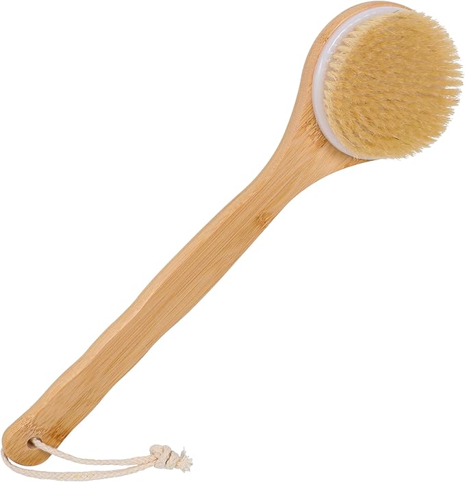 OWIIZI Back Scrubber Brush for Shower, Round Head Bristle Body Large Area Deep Cleanse Bath Brushes, Bamboo Long Handle Skin Exfoliator for Men Women Elders Wet or Dry Use