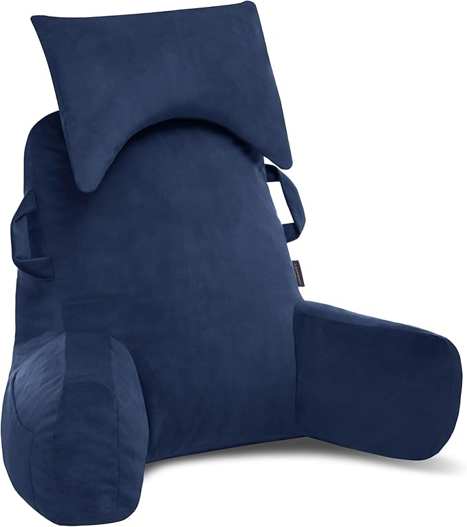 Portable Reading Pillows with Headrest for Bed Sitting Up(Royal Blue Oeko-Tex), Velvet Back Pillow with Arms & Pockets for Adults, Support Memory Foam Bed Pillow for Dorm/Watching/Gaming