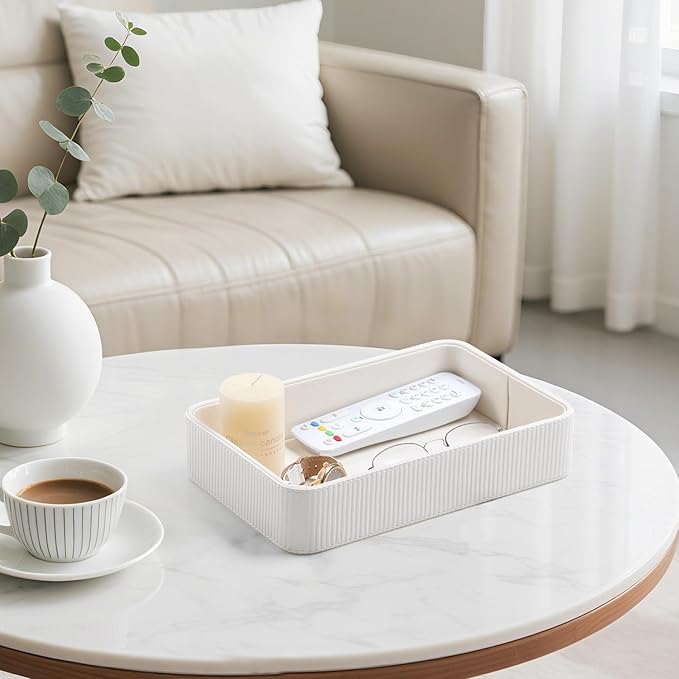 PU Leather Valet Tray Organizer, Modern Nightstand Organizer Bedside Desktop Storage for Womens and Men, Decorative Perfume Trinket Catchall Vanity Tray for Key Watch Wallet (White)