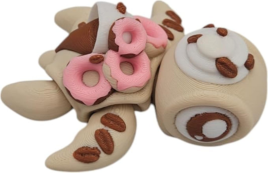 Articulating Turtle Fidget Animal Figurines – Unique 3D Printed Collectibles, Poseable Desk Animals For Adults, Stress Relief and Display Gift (COFFEE AND DONUT TURTLE)