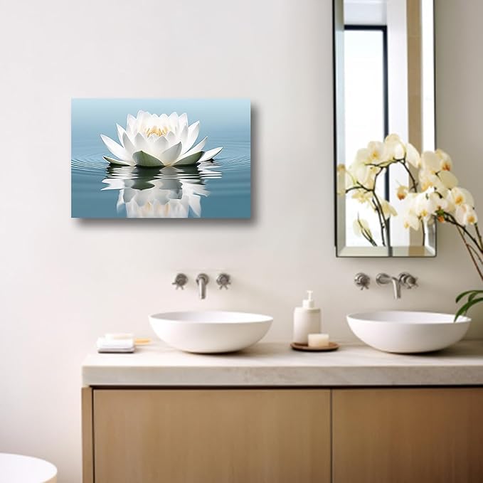 LZIMU Zen Canvas Wall Art White Lotus Flower Bloom in Water Picture Prints Teal Blue Artwork Bathroom Decor Framed for Yoga Spa Meditation Room (Zen-3, 24"x36")