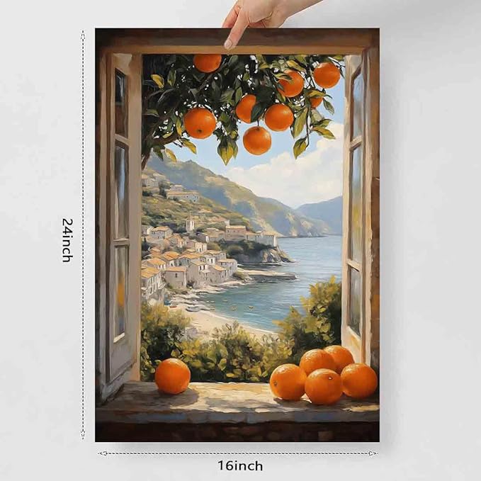 Mediterranean Coastal Wall Art Coastal Landscape Prints Vintage Citrus Wall Art Open Window Poster Still Life Fruit Painting Farmhouse Country Pictures Fruit Living Room Decor 16x24inch No Frame
