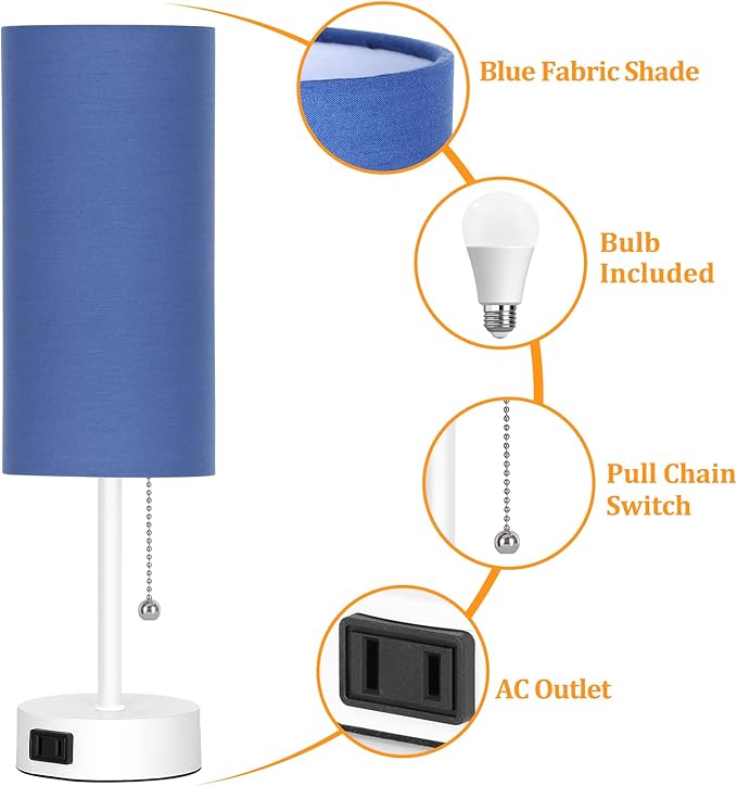 Dott Arts Table Lamp for Bedroom, 3-Color Bedside Lamps with Pull Chain, Bedroom Table Lamps for Nightstand,AC Outlet Small Lamp for Living Room, Bulb Included Blue