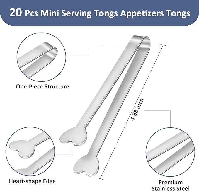 20-Packs Mini Serving Tongs, Stainless Steel Small Appetizers Tongs, Metal Kitchen Tongs, Ice Sugar Tongs for Serving Food (5inch，Silver)