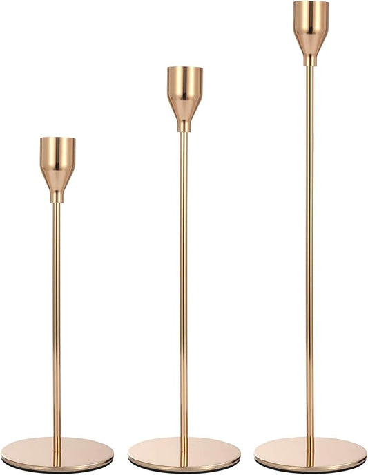 Set of 3 Pink Gold Candlestick Holders Pink Gold Candle Holder Taper Candle Holders Candle Holders Decorative Candlestick Holder for Home Decor, Wedding, Dinning, Party, Anniversary (Gold)