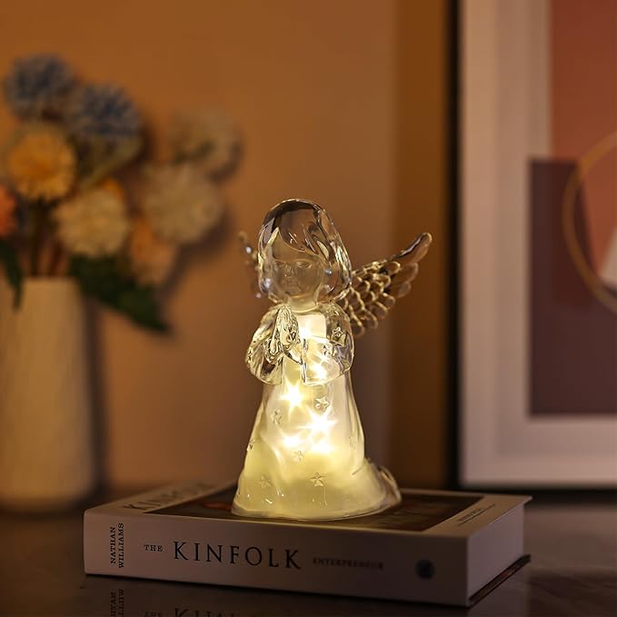 Acrylic Clear Guardian Angel Figurines with LED Light, Crystal Glass Finish Angel Statue, Large Christmas Angels Gifts for Women, Healing Angels Figurines Decorations(Praying)