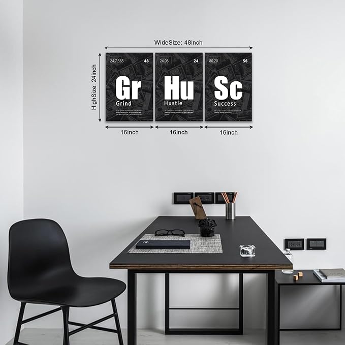 KAWAHONE Motivational Wall Art Success Posters-Grind Hustle Success Inspirational Quotes Canvas Prints for Office, Home Office, Living Room