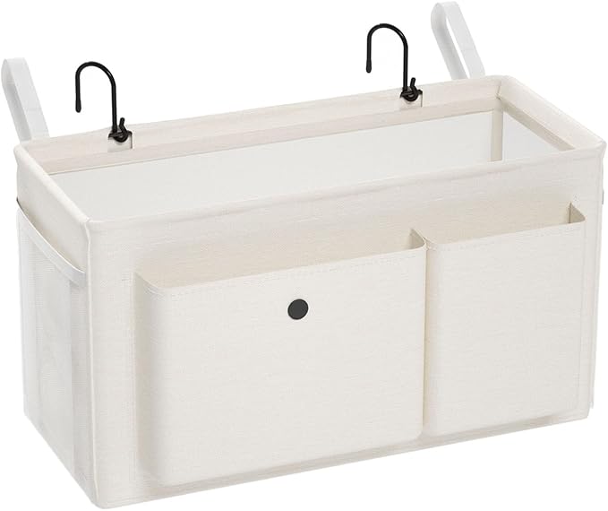 Bedside Caddy Bedside Organizer with Fixed Straps & Water Bottle Holder, Bunk Bed Caddy ideal for Home, Dorm, Hospital, Crib, Versatile Bedside Storage Solution (White)