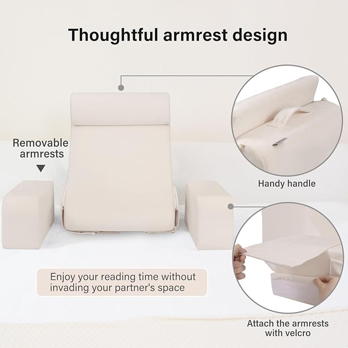 ENITYA 19" Back Pillow for Bed Sitting up, Big Pockets and Washable Removable Cover, Reading Chair for Watching TV/Reading/Gaming/Resting in Bed, Couch or Floor, Medium(Ivory)