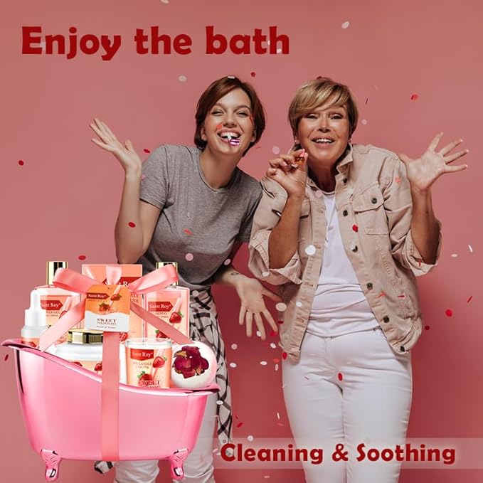 Spa Kit for Women, Bath & Body Gift Set, Luxury Home Spa Bath Gift Basket, Strawberry Scented Bath Set Christmas Gifts for Women with Shea Butter Lotion, Pamper Gifts for Girls & Teens, Birthday Gift
