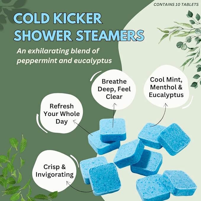 Cold Kicker Shower Steamers Aromatherapy for Sinus Relief - USA Made - Peppermint & Eucalyptus Shower Bomb Tablets – Self Care Gifts for Women and Men – Soothing Natural Essential Oils (10 Pack)