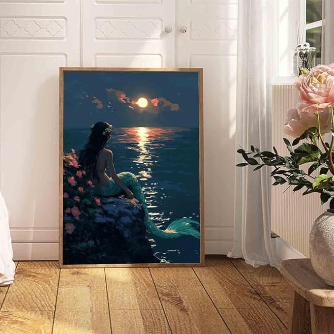 Mermaid Wall Art Vintage Women Pictures Vintage Ocean Poster Classical Female Poster Golden Sun Canvas Ocean Coastal Prints Vintage Woman Picture Victorian Female Painting Decor 16x24inch No Frame