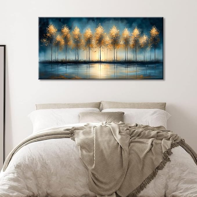 ZESTRILIA Golden Trees Wall Art Impression Canvas Abstract Sunset Oil Painting Reproduction Print Artwork Landscape Picture for Living Room Bedroom Home Office Kitchen Décor (28x58inch)