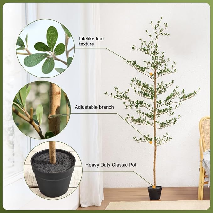 Artificial Black Olive Tree 6FT Indoor Outdoor Decor Faux Plants - Real Wood Trunk Fake Tree with Green UV Resistant Leaves - Tall Floor Plant for Modern Home Office Living Room Decoration