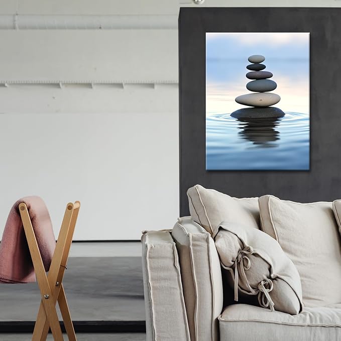 GLOKAKA Zen Stones Balance Canvas Wall Art Pebbles Stack in Calm Water Picture Print Artwork Poster for Yoga Meditation Room Bathroom Bedroom Decor