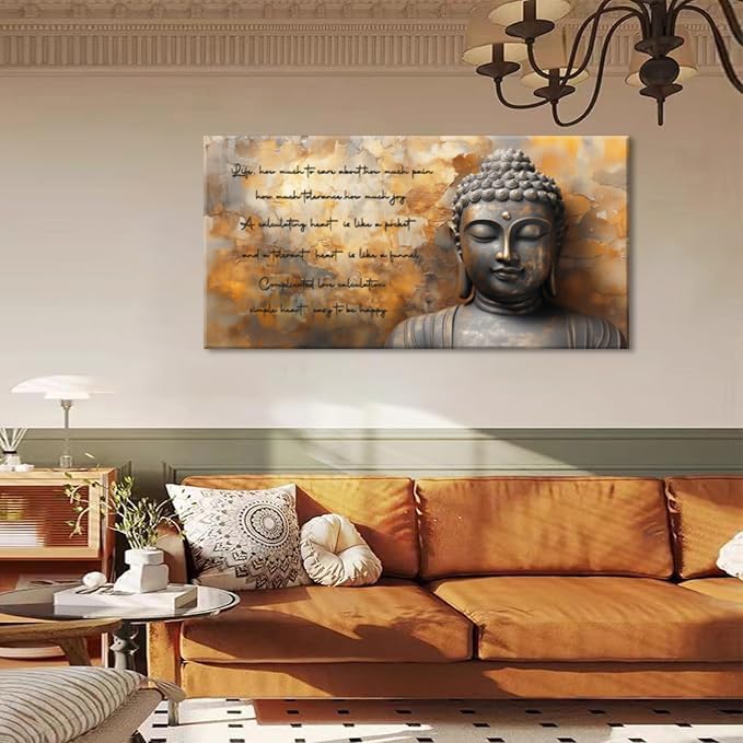 ZESTRILIA Zen Buddha Wall Art for Living Room Office Tan Brown Buda Life Quotes Canvas Painting Prints Calming Buddhist Artwork Family Bedroom Decor Extra Large (58x28 Inches)