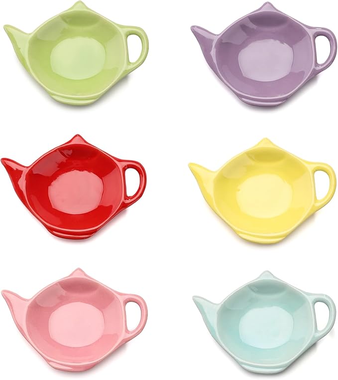 Ceramic Tea Bag Coaster Set of 6 Teapot Shaped Tea Bag Holder for Used Tea Bag, Teabag Caddy Holder Set for Organizing Tea Time