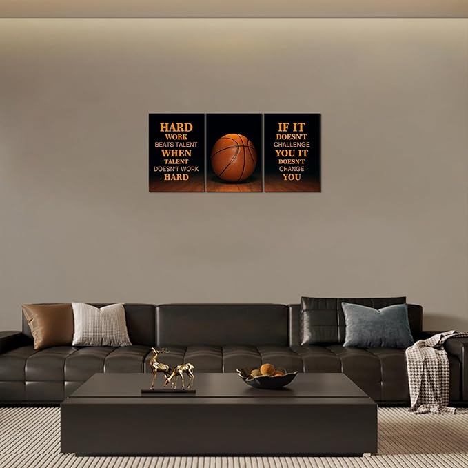 KAWAHONE-3 Pieces Basketball Motivational Work Hard Canvas Wall Art, Inspirational Quotes Pictures Wall Decor, Basketball Sports Poster Black and White Positive Poster Framed Motivation Gift for Entrepreneur Men Women Painting Artwork for Home Office