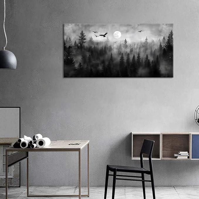 ZESTRILIA Forest Wall Art Black & White Moon Night Retro Canvas Prints Modern Rustic Paintings Nordic Artwork Landscape Picture for Country Farmhouse Living Room Bedroom Home Office Décor (28x58inch)