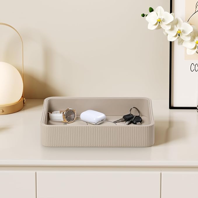 PU Leather Valet Tray Organizer, Modern Nightstand Organizer Bedside Desktop Storage for Womens and Men, Decorative Perfume Trinket Catchall Vanity Tray for Key Watch Wallet (Beige)