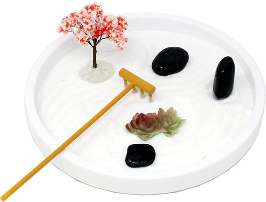 Nature's Mark Mini Zen Garden Kit for Desk with Rake, White Sand, Lotus Figures, White Round Base, Black River Rocks and Mini Blossom Tree (8Lx8W Round B)
