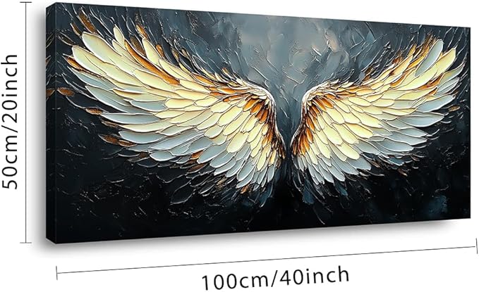 ZESTRILIA Angel Wings Wall Art for Girls Room Gold Gray Canvas Oil Painting Prints Modern Abstract Fantasy Anime Artwork Living Bedroom Office Decor (40x20 Inches)