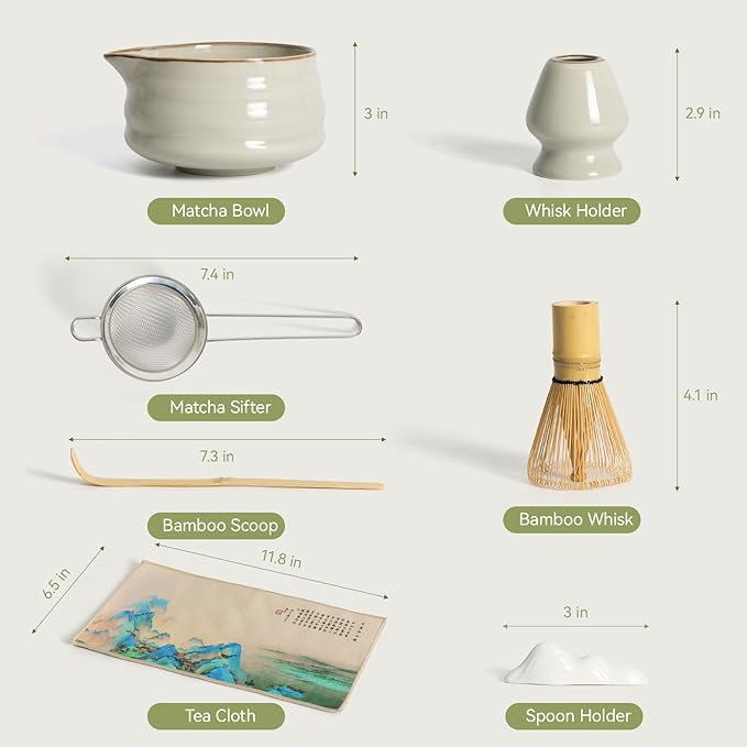 Matcha Whisk Set, Ceramic Matcha Set Includes Matcha Bowl, Matcha Whisk Chasen and Whisk Holder, Sifter, Bamboo Scoop, Scoop Rest and Tea Towel-7 Pcs Matcha Kit for Matcha Lovers, Misty Gray