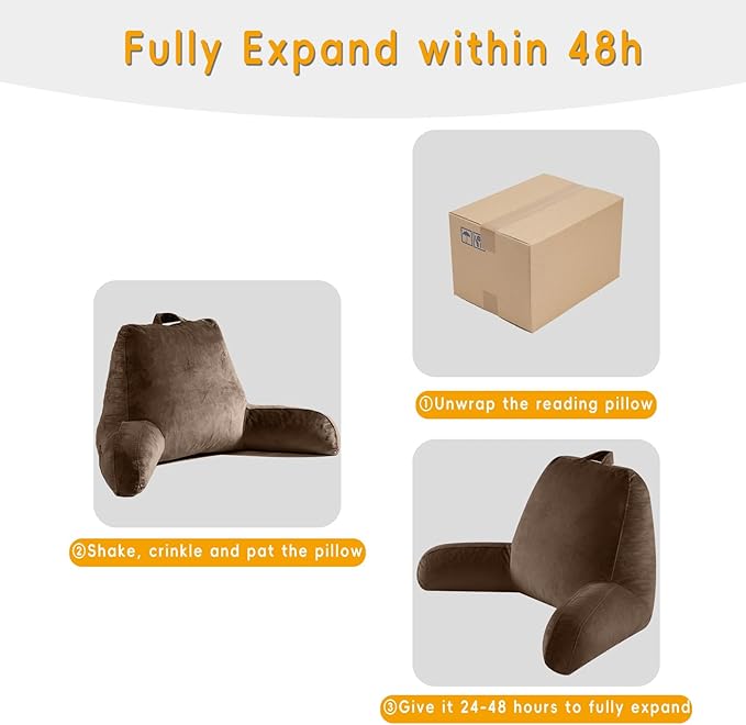 Reading Pillow for Sitting in Bed Adult, Reading Pillow with Shredded Memory Foam, Back Pillow for Bed Sitting Up with Extend Arms, Pockets, Bed Pillow with Washable Cover,Brown, X-Large