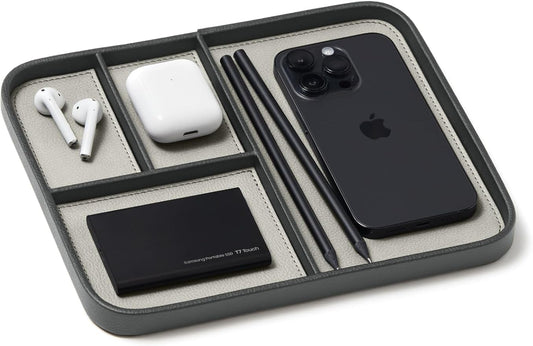 Nordik Leather Valet Tray - Sahara Gray - Premium Vegan Leather Stylish and Organised Nightstand Tray for Men - EDC Catchall Tray for Keys, Watch, Wallet, Jewellery - Modern Bedside Caddy