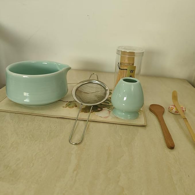 Ceramic Matcha Whisk Set, Complete Matcha Set-8PCS for Ceremonial Grade Matcha, Tea Gifts for Tea Lovers for Christmas, Birthday, Halloween (Emerald)