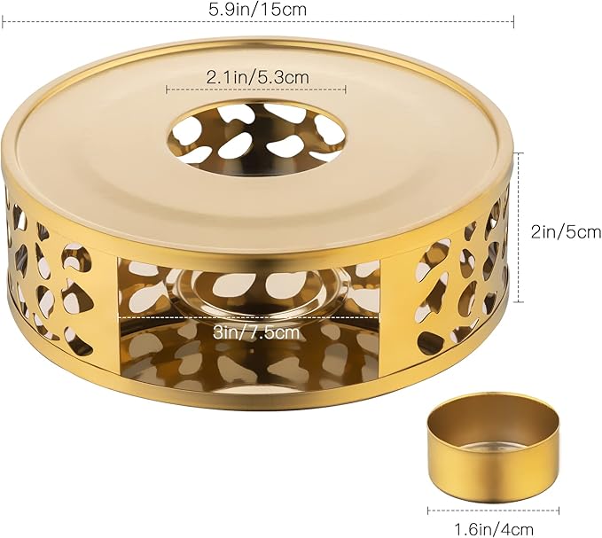 Simtive Teapot Warmer, Brushed Stainless Steel Tea Warmer with Tealight Holder, Gold
