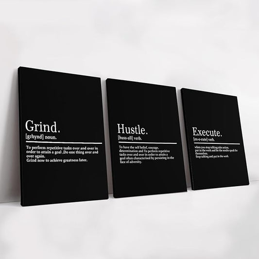 KAWAHONE Framed Motivational Entrepreneur Poster, Grind Hustle Execution Inspirational Wall Art Featuring Success and Positive Quotes of Bedroom Decor and Motivational Poster for for Home Living Room