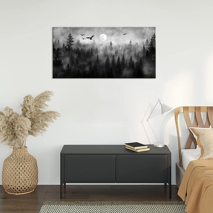 ZESTRILIA Forest Wall Art Black & White Moon Night Retro Canvas Prints Modern Rustic Paintings Nordic Artwork Landscape Picture for Country Farmhouse Living Room Bedroom Home Office Décor (28x58inch)