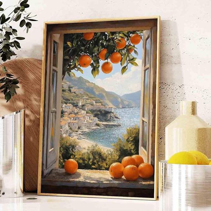 Mediterranean Coastal Wall Art Coastal Landscape Prints Vintage Citrus Wall Art Open Window Poster Still Life Fruit Painting Farmhouse Country Pictures Fruit Living Room Decor 16x24inch No Frame