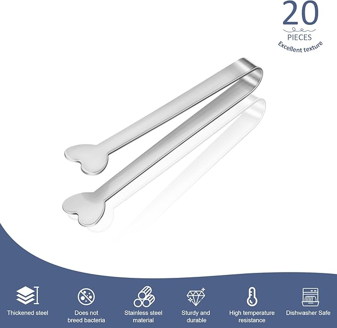 20-Packs Mini Serving Tongs, Stainless Steel Small Appetizers Tongs, Metal Kitchen Tongs, Ice Sugar Tongs for Serving Food (5inch，Silver)