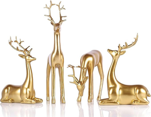 QIANLING 4Pcs Gold Reindeer Figurines Christmas Decorations - Elegant Resin Deer Statues for Tabletop, Mantel, or Shelf, Modern Gold Reindeer Sculpture Ornaments for Home Decor Idea
