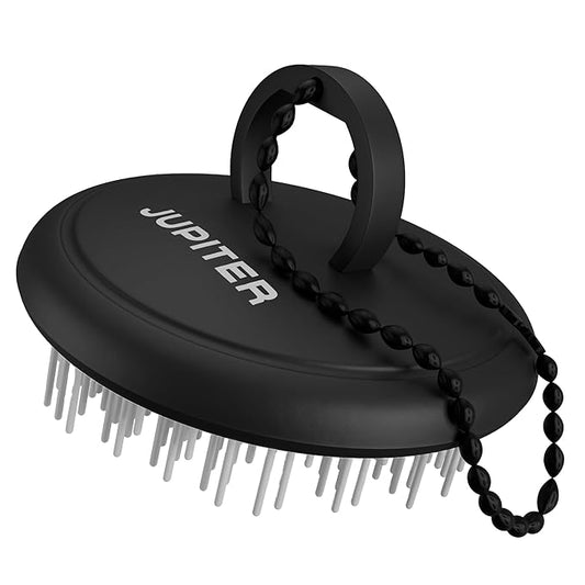 Jupiter Scalp Exfoliator - Scalp Massager Tool for Wet & Dry Hair - Ergonomic Detangler Brush - Dandruff Comb & Scrub to Remove Dandruff & Buildup and Support Circulation - Black/White