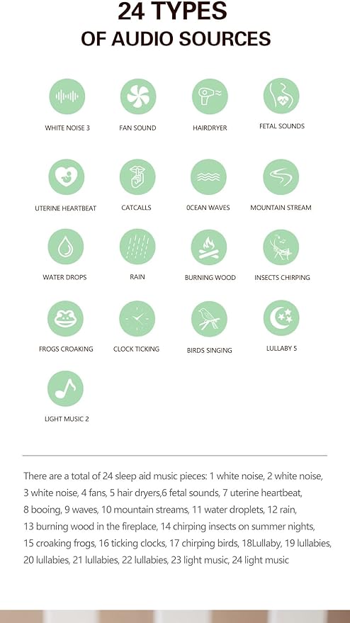 24 Soothing White Noise Machine with Warm Night Light, Portable Rechargeable 12H Sleep Sound Machine for Baby & Adults, Timer, Desktop Relaxation Lamp for Nursery, Office, Bedroom