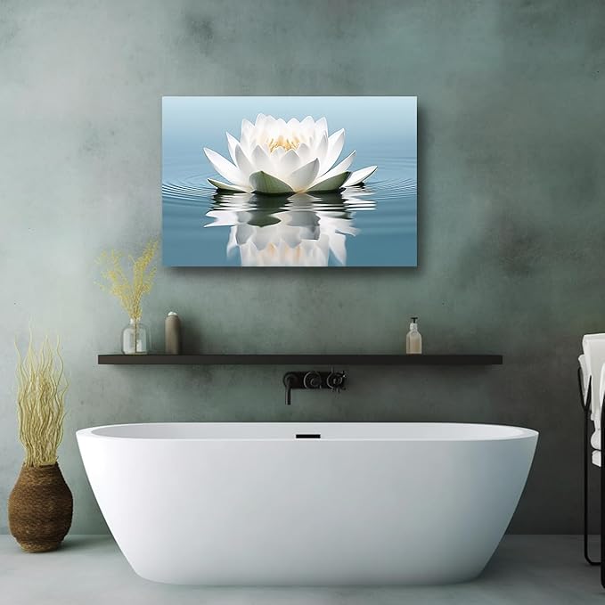 LZIMU Zen Canvas Wall Art White Lotus Flower Bloom in Water Picture Prints Teal Blue Artwork Bathroom Decor Framed for Yoga Spa Meditation Room (Zen-3, 16"x24")