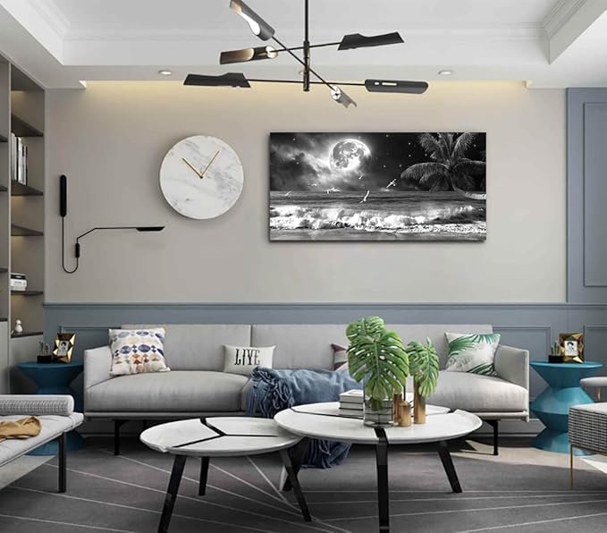 Yxbhhym Black and White Ocean Wall Art Moon Sea Beach Canvas Print Art Ocean Paintings Seascape Poster Wall Pictures Landscape Palm Artwork for Wall Living Room Decor Framed-20x40inches