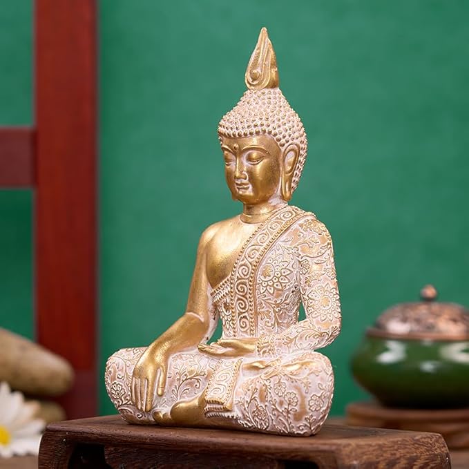 Golden Resin Buddha Statue for Zen Home Decor, Meditation & Yoga - 7.87 Inch Serene Spiritual Art Piece, for Office Altar Collection to Enhance Focus & Mindfulness