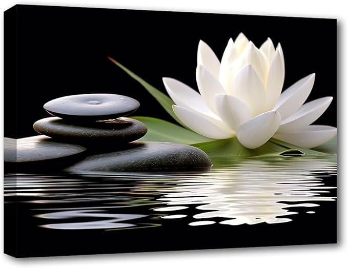 LZIMU Zen Canvas Wall Art White Lotus and Black Zen Stones Bloom in Water Picture Prints for Yoga Spa Meditation Spiritual Room Bathroom Decor (Zen-1, 12"x18")