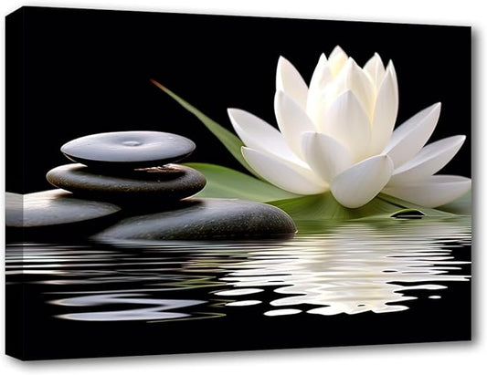 LZIMU Zen Canvas Wall Art White Lotus and Black Zen Stones Bloom in Water Picture Prints for Yoga Spa Meditation Spiritual Room Bathroom Decor (Zen-1, 20"x30")