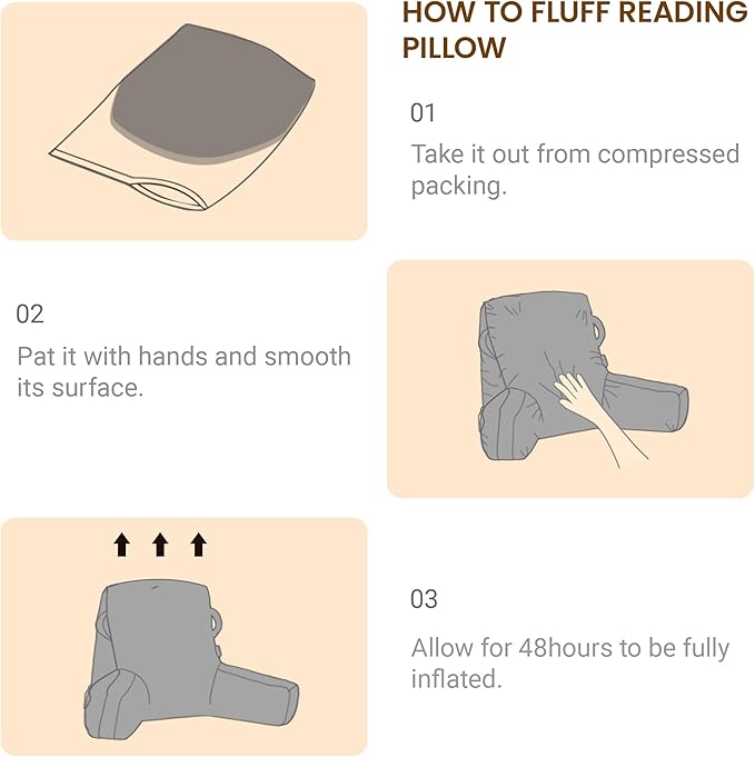 Portable Comfy Reading Pillows for Bed Sitting Up(Beige Oeko-Tex), Velvet Back Pillow with Arms & Pockets for Adults, Support Memory Foam Bed Pillow for Dorm/Reading/Watching/Gaming