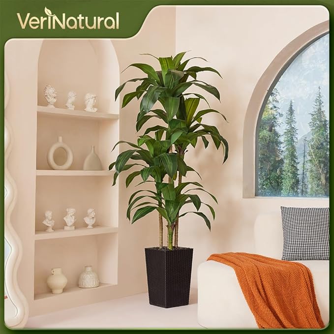Artificial Dracaena Tree 6FT - Fake Tree with Black Taper Planter & Pebbles - UV Resistant Faux Yucca Tropical Plant - Artificial Trees for Home Office Living Room Decor Indoor Outdoor