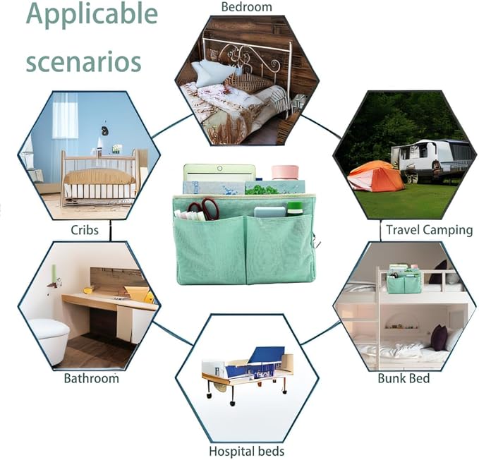 Bedside Caddy Bedside Hanging Storage Basket Multi-Function Organizer Caddy for Bunk and Hospital Beds Dorm Rooms Bed Rails, Can be Placed Glasses Books Mobile Phones(Green)
