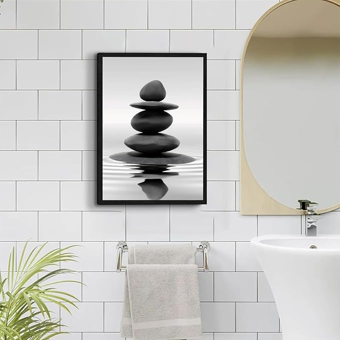 DCMVJHZV Framed Black and White Bathroom Wall Art Zen Stones in the water Bathroom Wall Art Yoga Meditation Picture Wall Decor Spa Room Bedroom Living Room Wall Painting Print (16"x24")